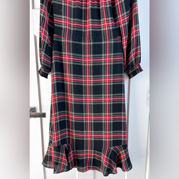J Crew Black Red Tartan Plaid Ruffle Neck Peasant Midi Christmas Dress Size: 2 - Picture 4 of 10